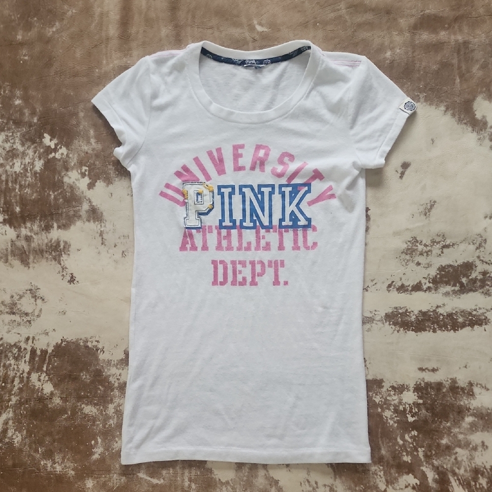Y2K PINK VS White University Athletic Dept Tee. Size: S